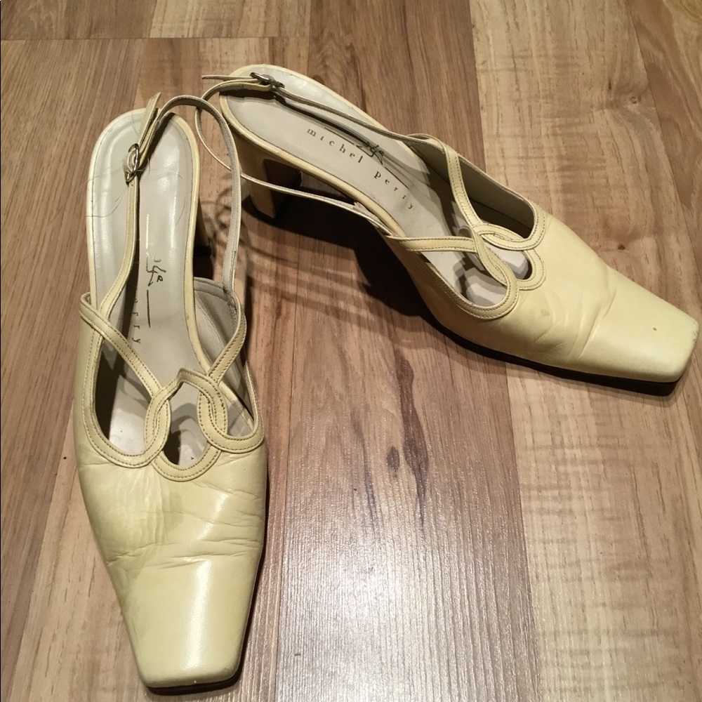 Michel Perry Cream closed toe heel offers welcome